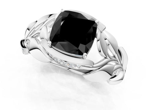 White gold Fancy Black Cushion Cut Solitaire Leaf-Inspired Engagement Ring with Prong Setting_1