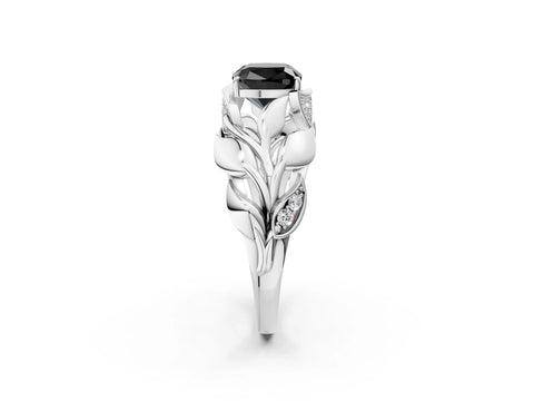 White gold Fancy Black Cushion Cut Solitaire Leaf-Inspired Engagement Ring with Prong Setting_2