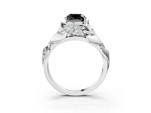 White gold Fancy Black Cushion Cut Solitaire Leaf-Inspired Engagement Ring with Prong Setting_3