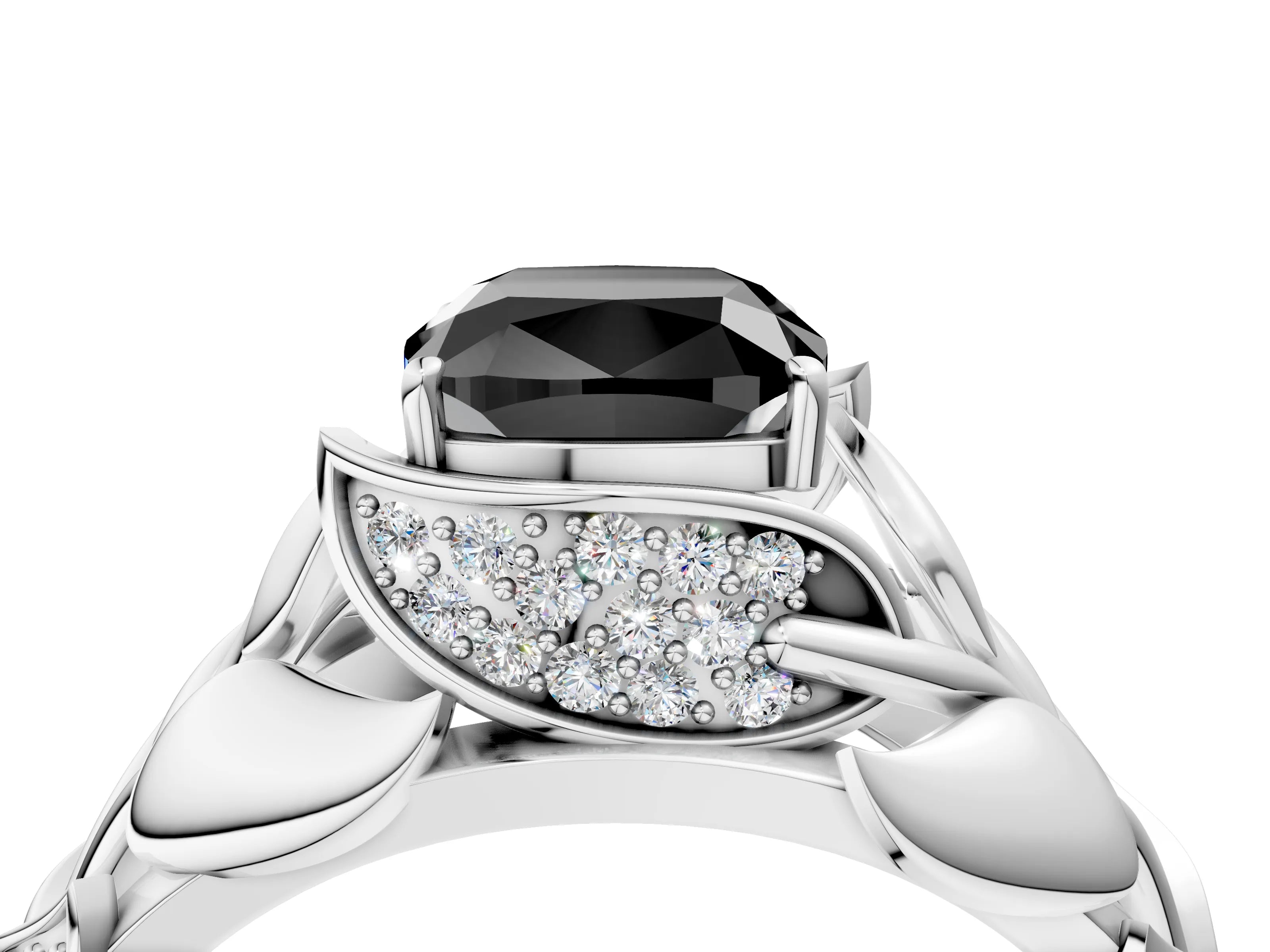 White gold Fancy Black Cushion Cut Solitaire Leaf-Inspired Engagement Ring with Prong Setting_4