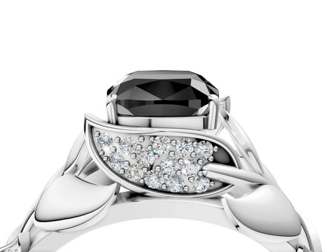 White gold Fancy Black Cushion Cut Solitaire Leaf-Inspired Engagement Ring with Prong Setting_4