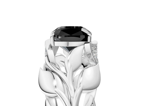 White gold Fancy Black Cushion Cut Solitaire Leaf-Inspired Engagement Ring with Prong Setting_5