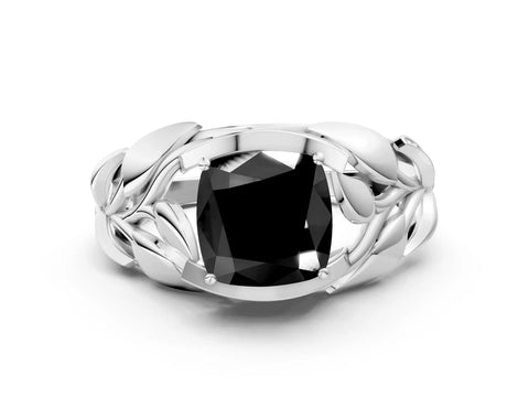 White gold Fancy Black Cushion Cut Solitaire Leaf-Inspired Engagement Ring with Prong Setting