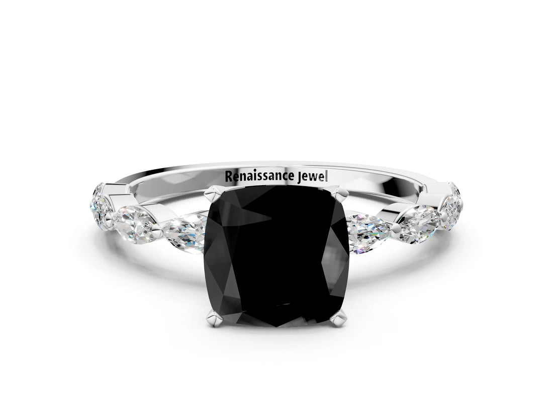 White gold Fancy Black Cushion Cut Solitaire Marquise Side Stone Prong Setting Ring