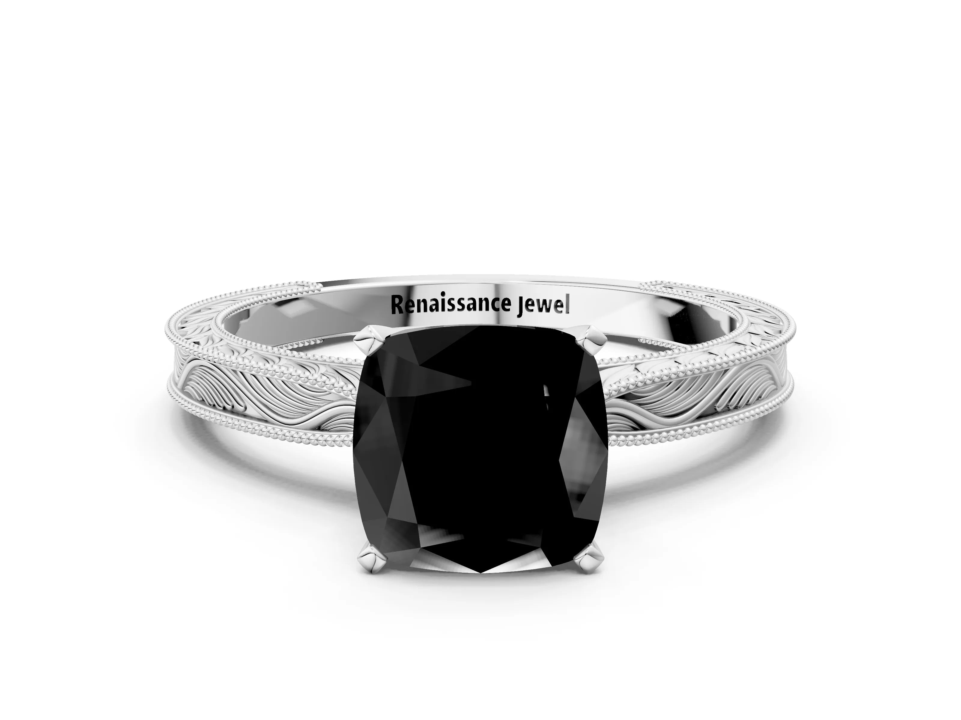 White gold Fancy Black Cushion Cut Solitaire Milgrain Engraved Band with Four-Prong Setting_12