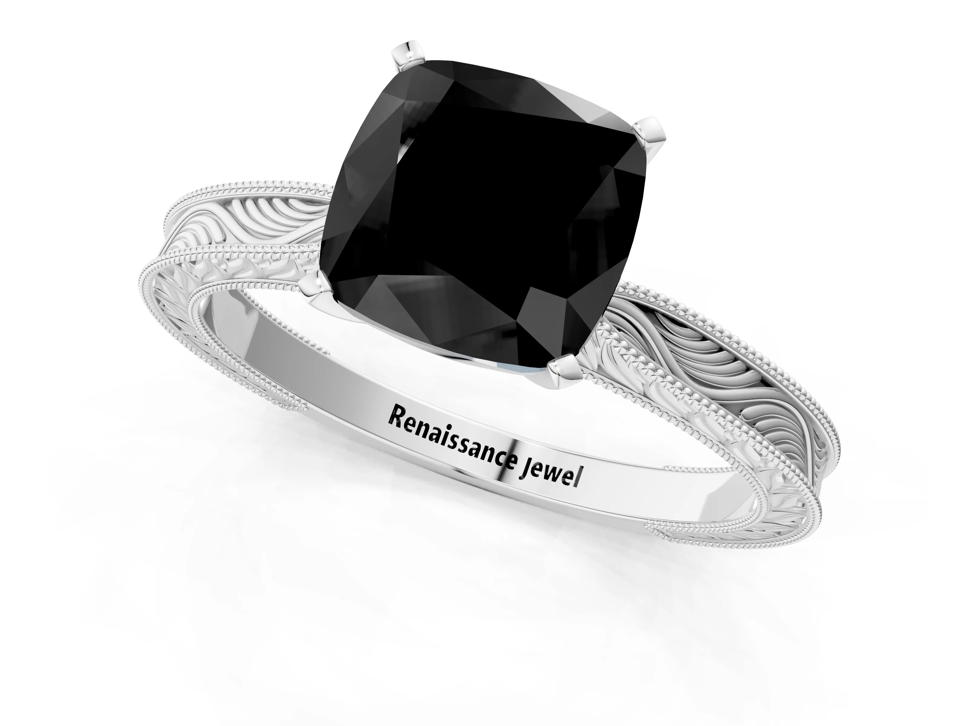 White gold Fancy Black Cushion Cut Solitaire Milgrain Engraved Band with Four-Prong Setting_13