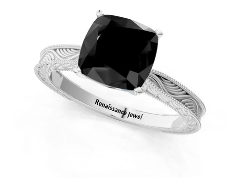 White gold Fancy Black Cushion Cut Solitaire Milgrain Engraved Band with Four-Prong Setting_13