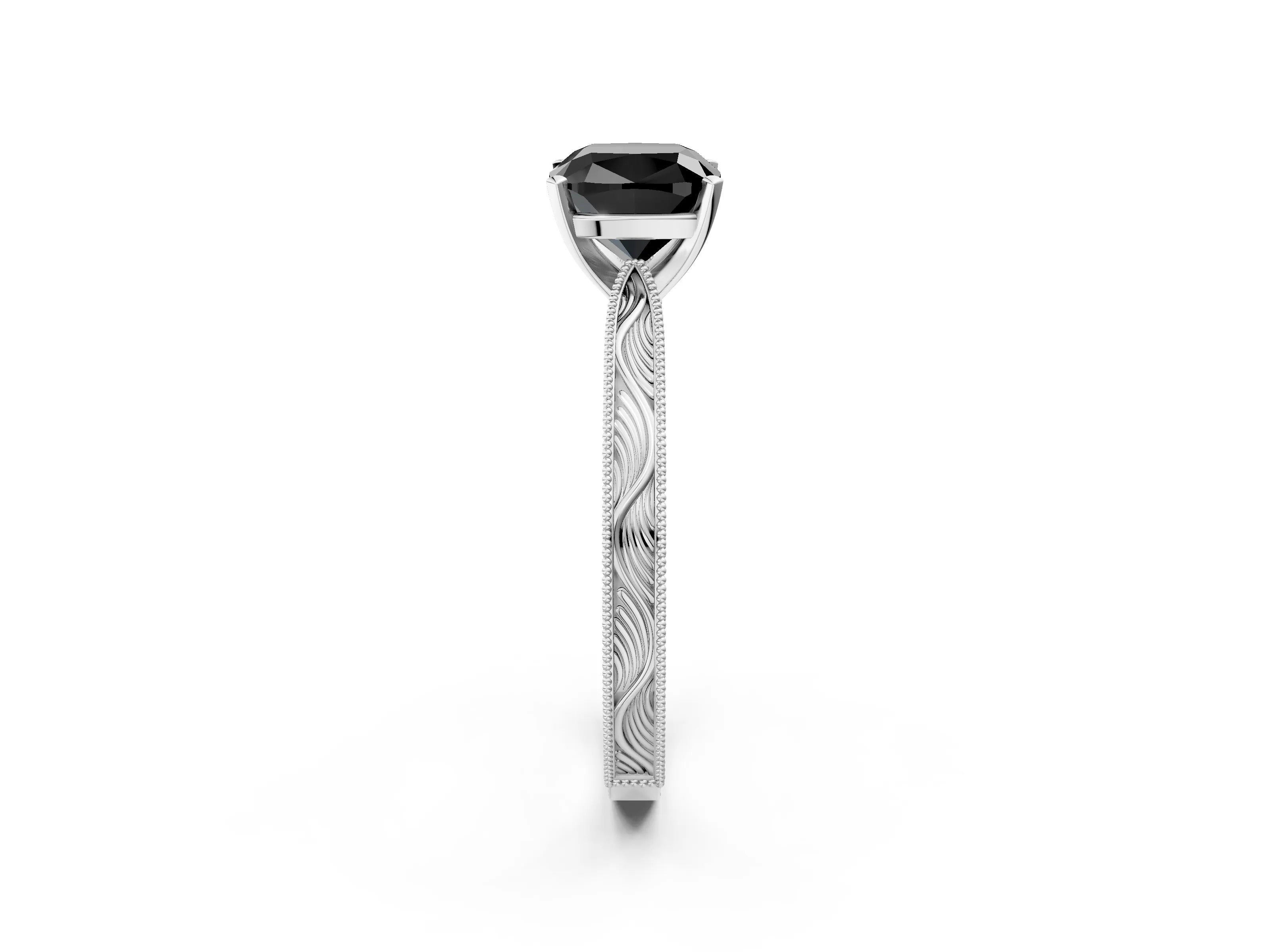 White gold Fancy Black Cushion Cut Solitaire Milgrain Engraved Band with Four-Prong Setting_14