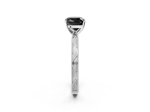White gold Fancy Black Cushion Cut Solitaire Milgrain Engraved Band with Four-Prong Setting_14