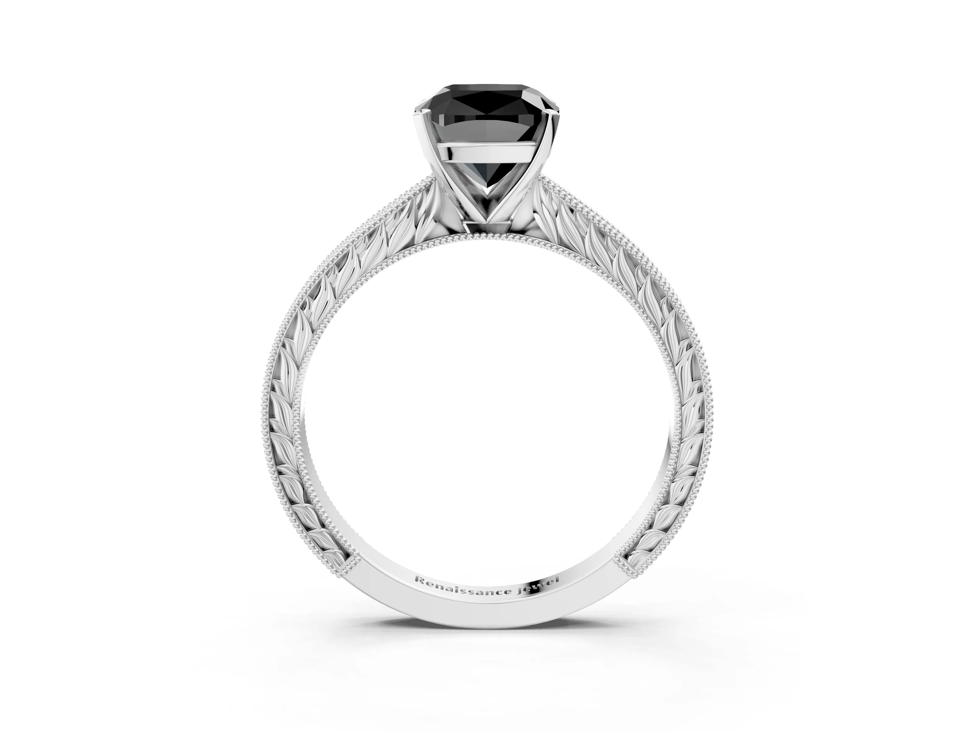 White gold Fancy Black Cushion Cut Solitaire Milgrain Engraved Band with Four-Prong Setting_15