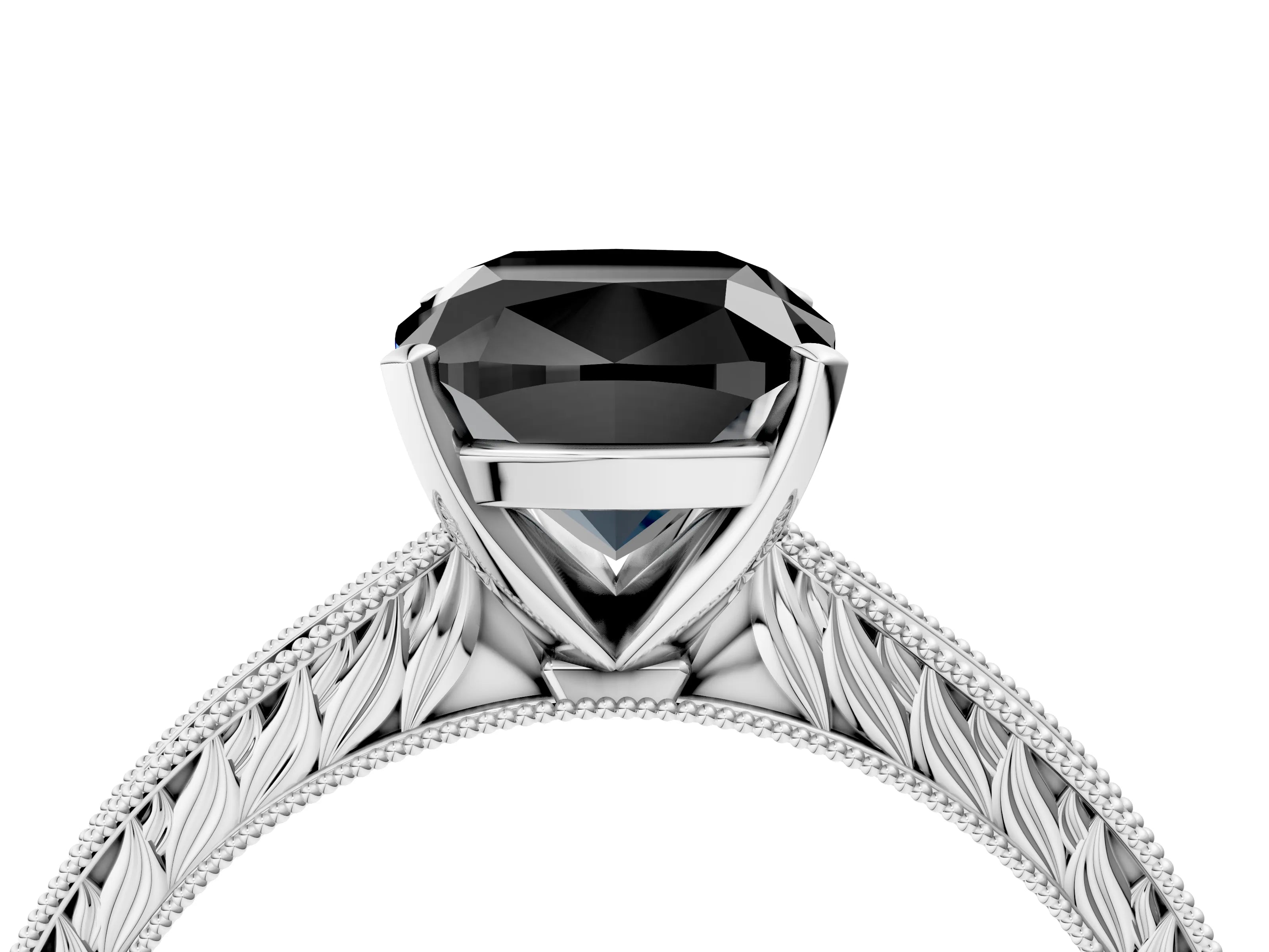 White gold Fancy Black Cushion Cut Solitaire Milgrain Engraved Band with Four-Prong Setting_16