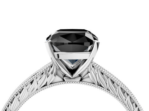 White gold Fancy Black Cushion Cut Solitaire Milgrain Engraved Band with Four-Prong Setting_16