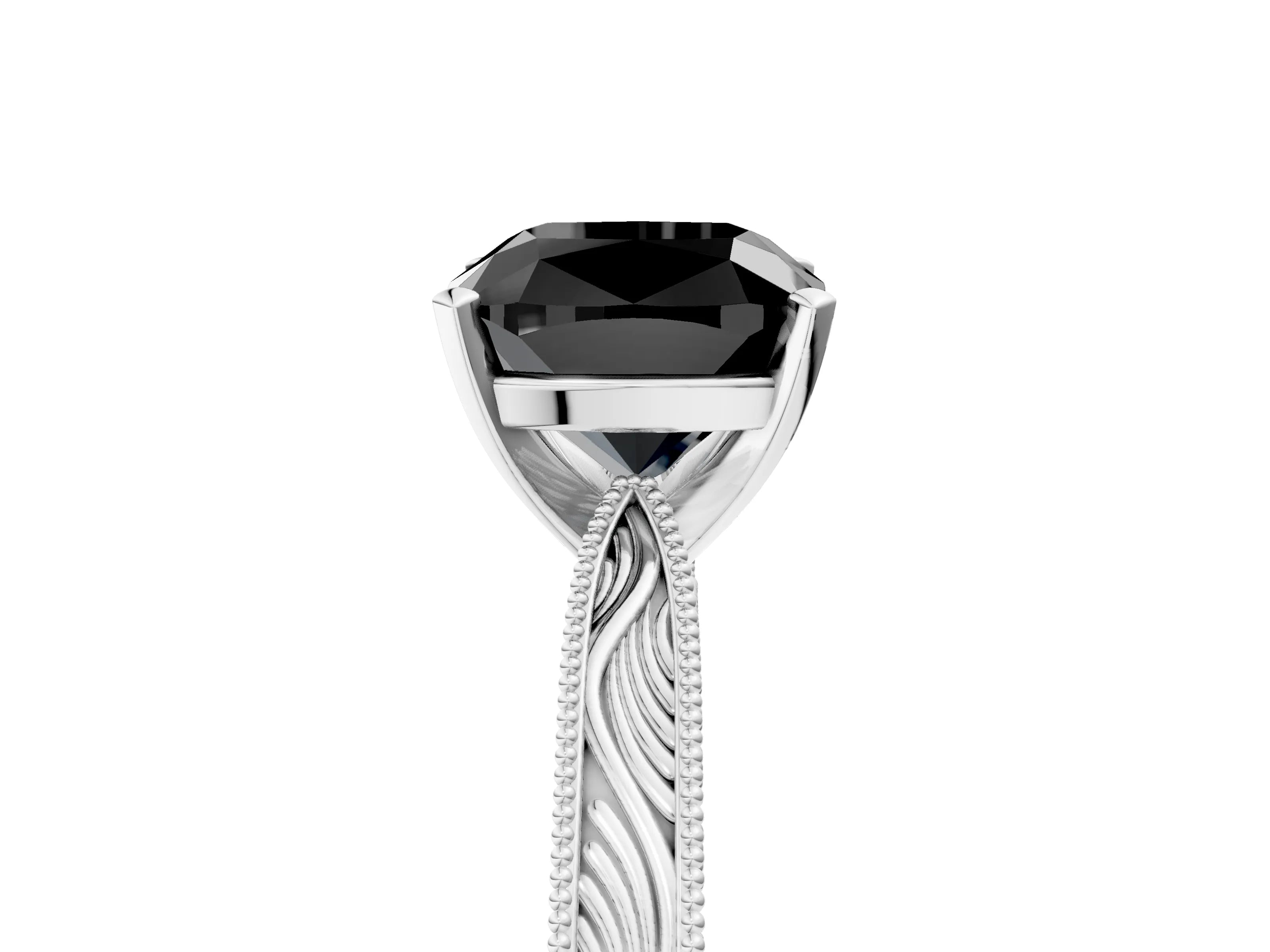 White gold Fancy Black Cushion Cut Solitaire Milgrain Engraved Band with Four-Prong Setting_17
