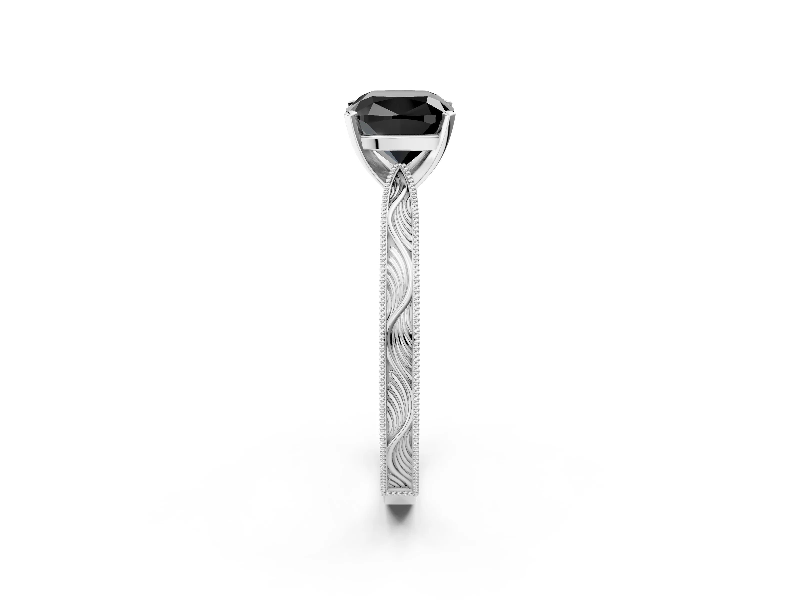 White gold Fancy Black Cushion Cut Solitaire Milgrain Engraved Band with Four-Prong Setting_2