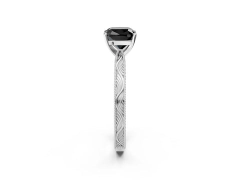 White gold Fancy Black Cushion Cut Solitaire Milgrain Engraved Band with Four-Prong Setting_2
