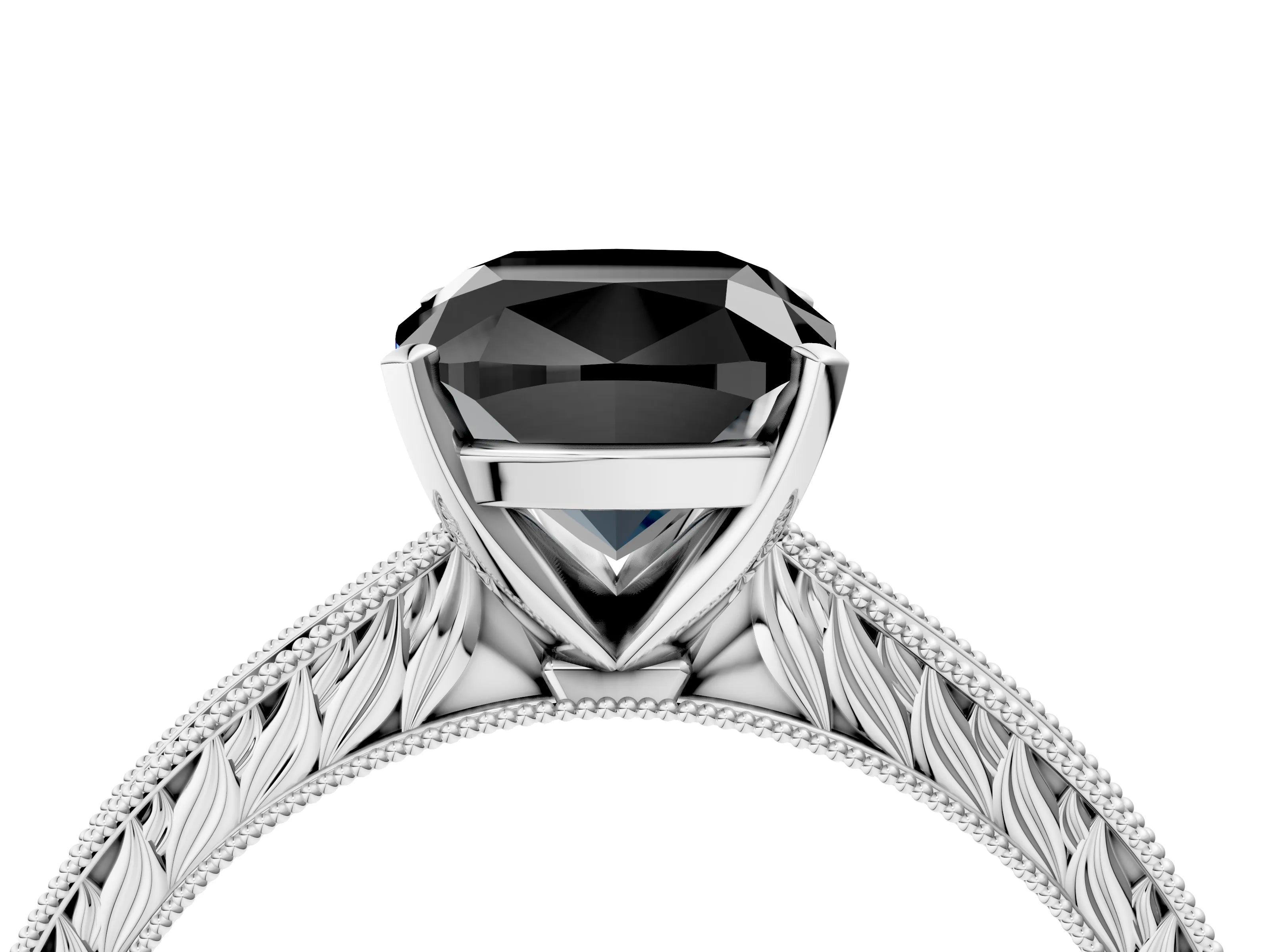 White gold Fancy Black Cushion Cut Solitaire Milgrain Engraved Band with Four-Prong Setting_4