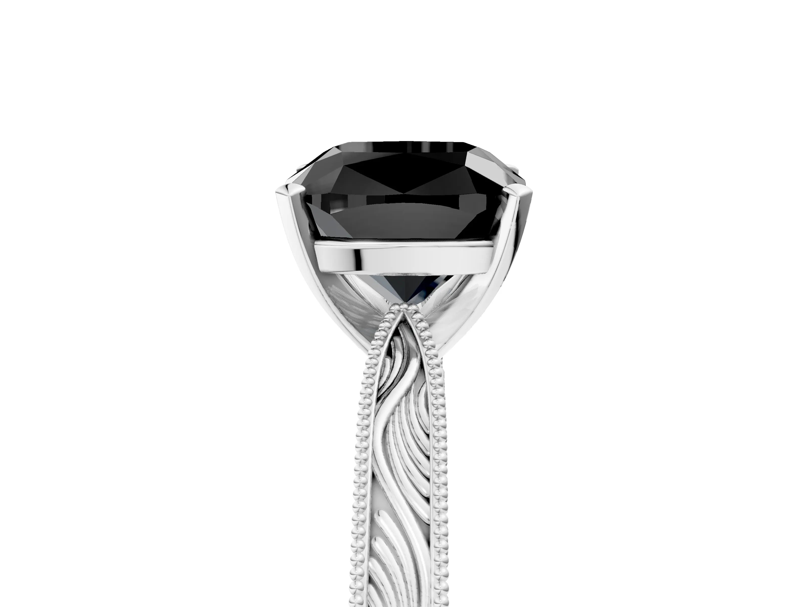 White gold Fancy Black Cushion Cut Solitaire Milgrain Engraved Band with Four-Prong Setting_5