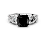 White gold Fancy Black Cushion Cut Solitaire Milgrain Leaf Band with Prong Setting