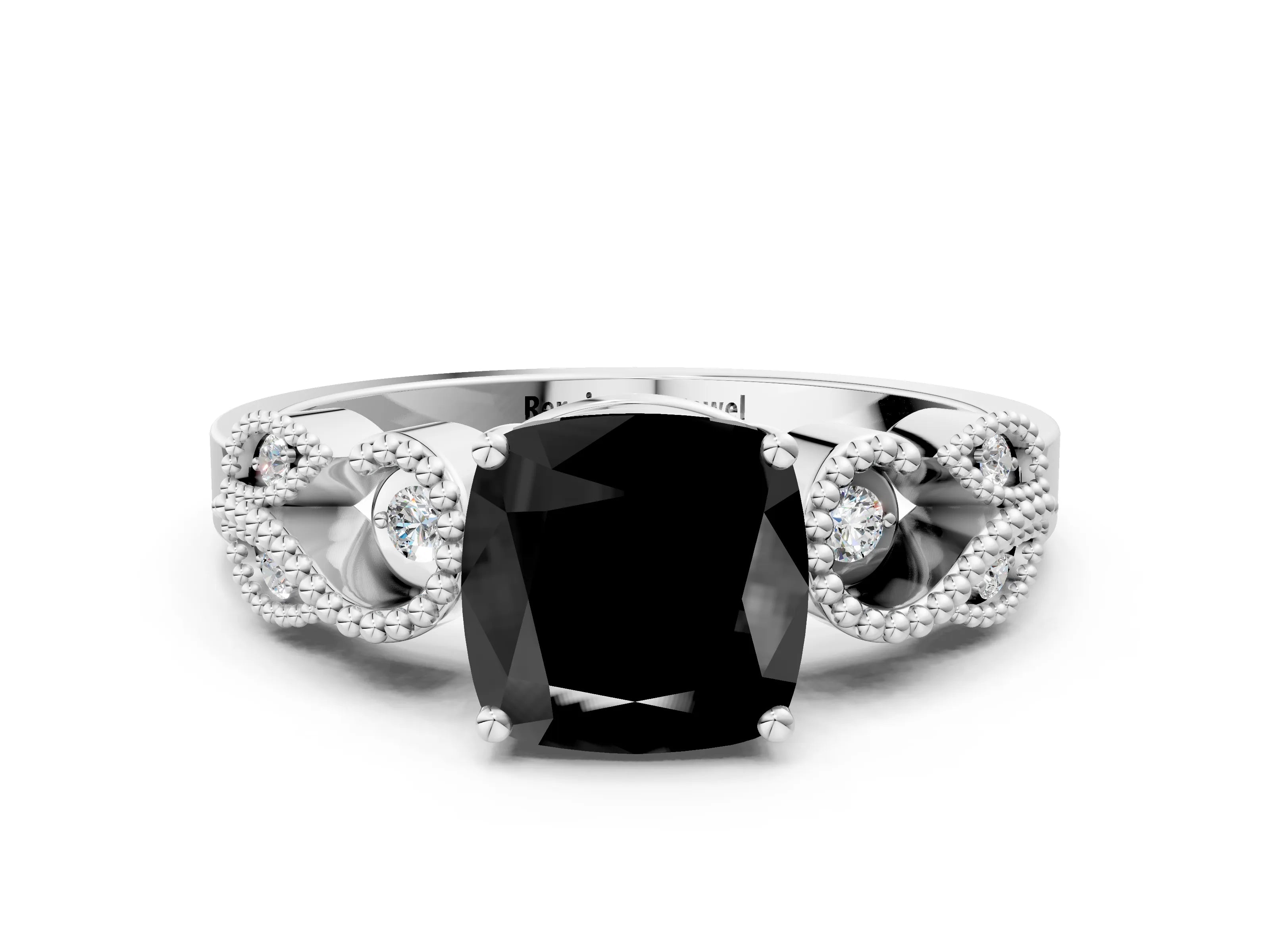 White gold Fancy Black Cushion Cut Solitaire Milgrain Leaf Band with Prong Setting_12