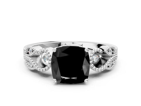 White gold Fancy Black Cushion Cut Solitaire Milgrain Leaf Band with Prong Setting_12