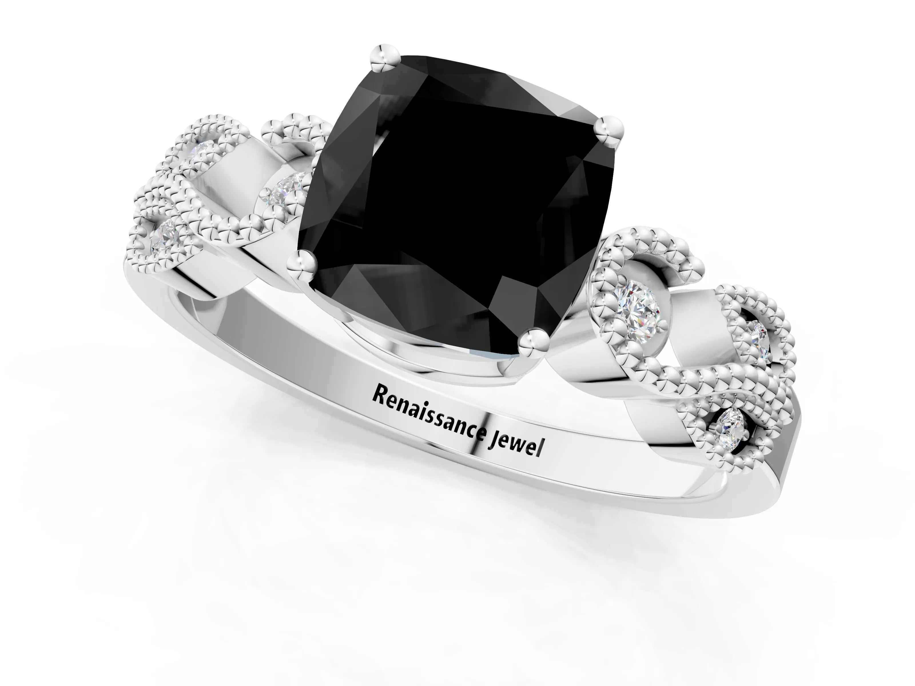 White gold Fancy Black Cushion Cut Solitaire Milgrain Leaf Band with Prong Setting_13