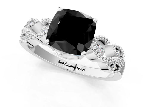 White gold Fancy Black Cushion Cut Solitaire Milgrain Leaf Band with Prong Setting_13