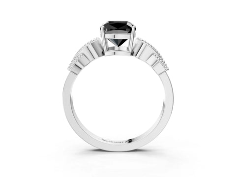 White gold Fancy Black Cushion Cut Solitaire Milgrain Leaf Band with Prong Setting_15