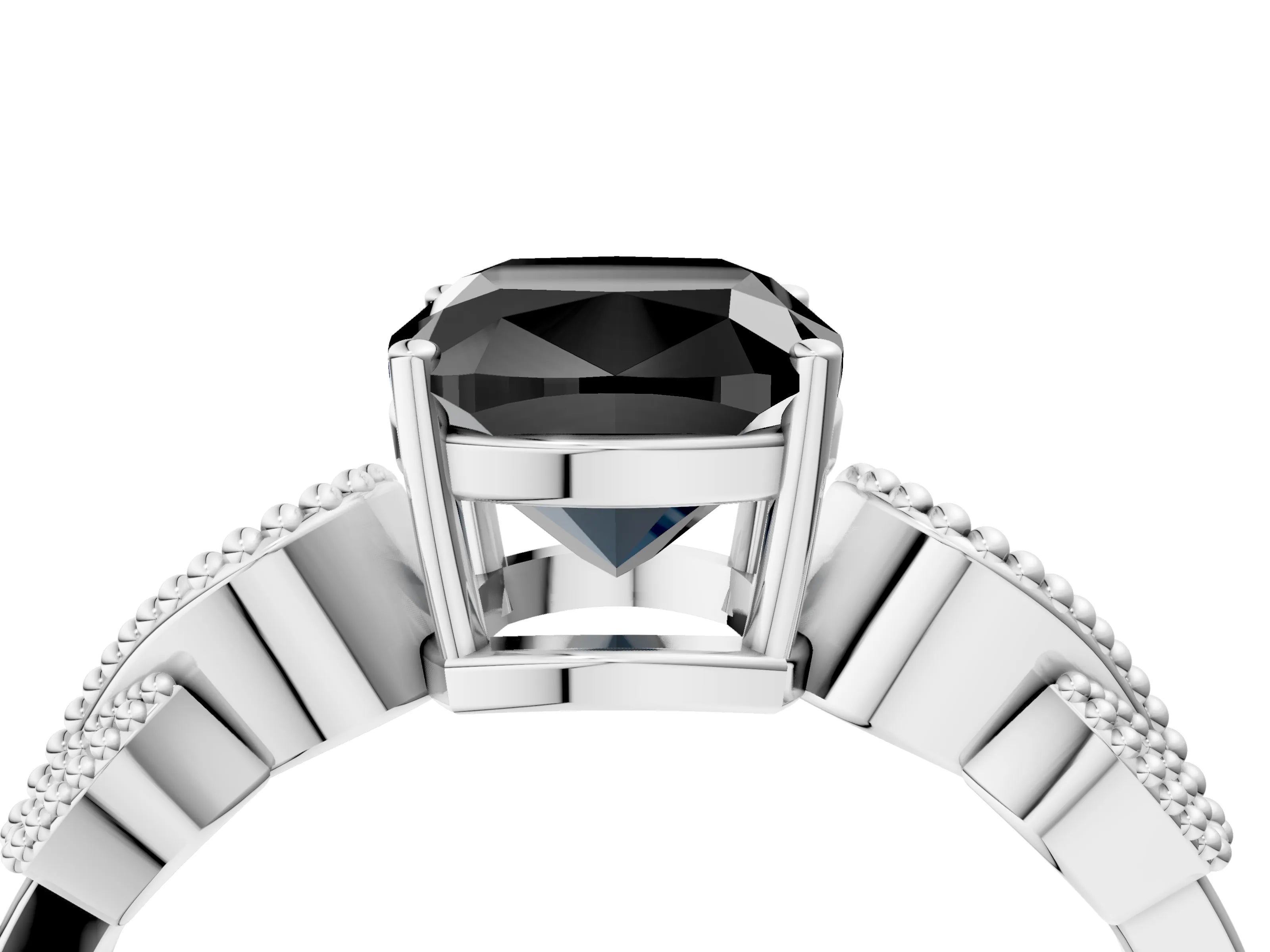 White gold Fancy Black Cushion Cut Solitaire Milgrain Leaf Band with Prong Setting_16