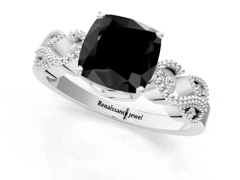 White gold Fancy Black Cushion Cut Solitaire Milgrain Leaf Band with Prong Setting_1