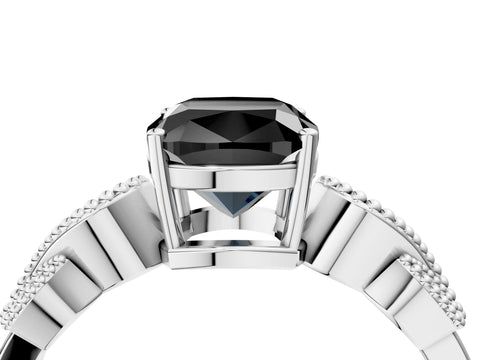 White gold Fancy Black Cushion Cut Solitaire Milgrain Leaf Band with Prong Setting_4