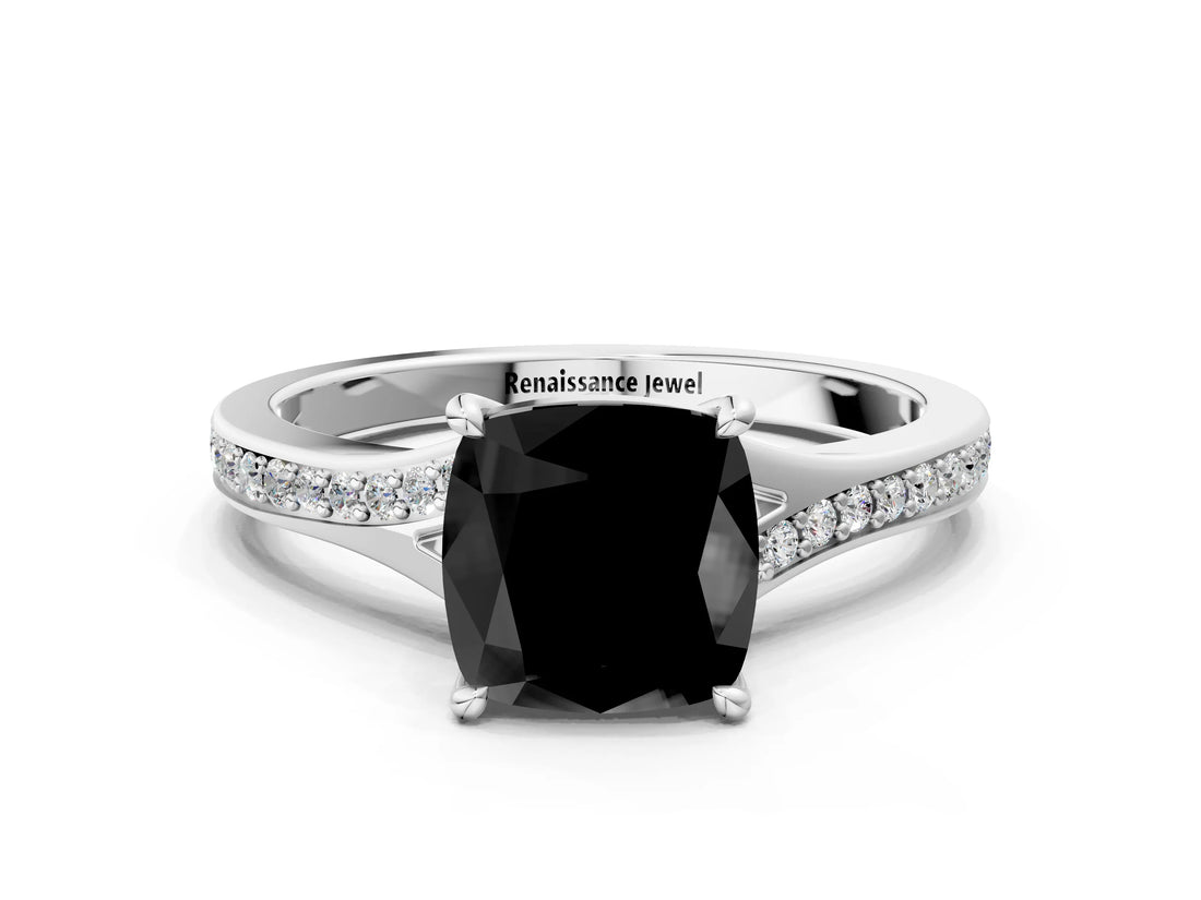 White gold Fancy Black Cushion Cut Solitaire Pavé Band with Four-Prong Setting