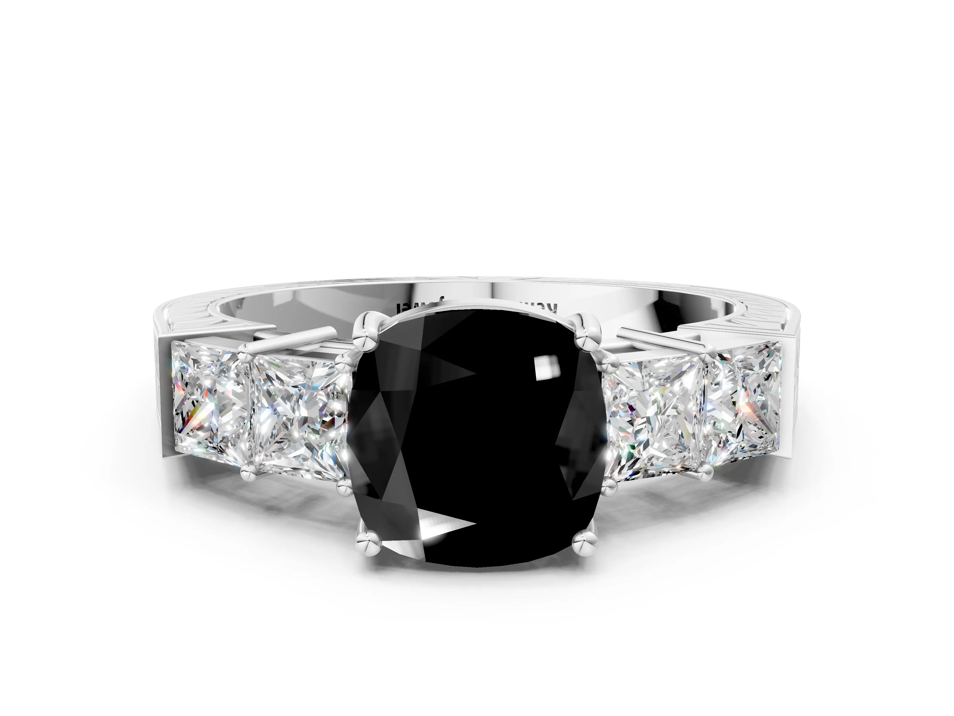 White gold Fancy Black Cushion Cut Solitaire Princess Side Stone Engraved Band Prong Setting Ring