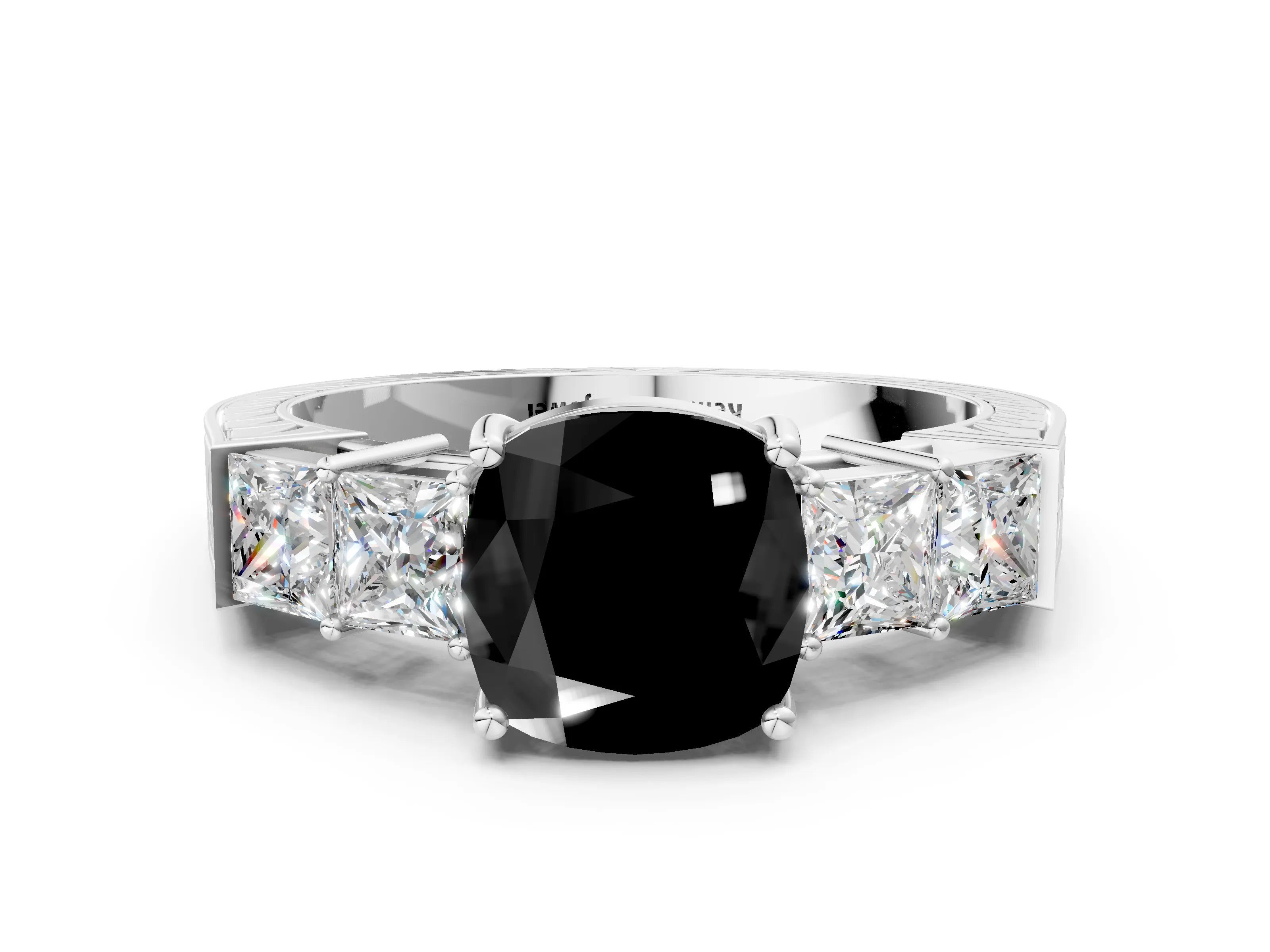 White gold Fancy Black Cushion Cut Solitaire Princess Side Stone Engraved Band Prong Setting Ring_12