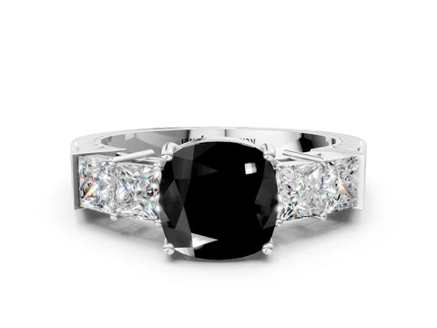 White gold Fancy Black Cushion Cut Solitaire Princess Side Stone Engraved Band Prong Setting Ring_12