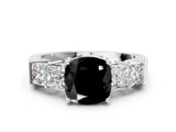 White gold Fancy Black Cushion Cut Solitaire Princess Side Stone Engraved Band Prong Setting Ring_12