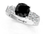 White gold Fancy Black Cushion Cut Solitaire Princess Side Stone Engraved Band Prong Setting Ring_13