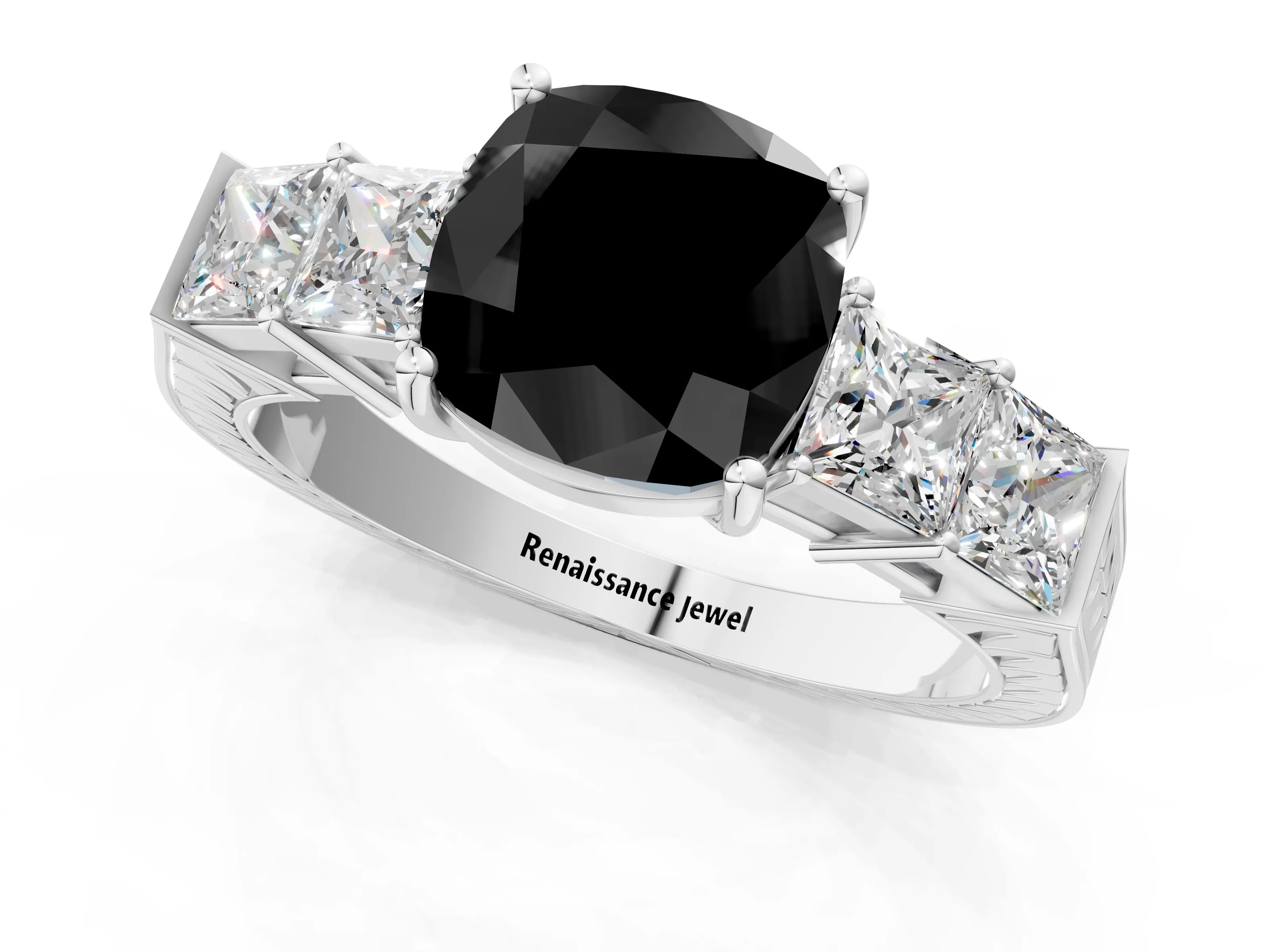 White gold Fancy Black Cushion Cut Solitaire Princess Side Stone Engraved Band Prong Setting Ring_13