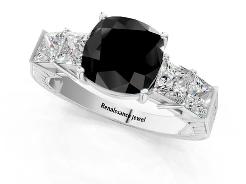 White gold Fancy Black Cushion Cut Solitaire Princess Side Stone Engraved Band Prong Setting Ring_13