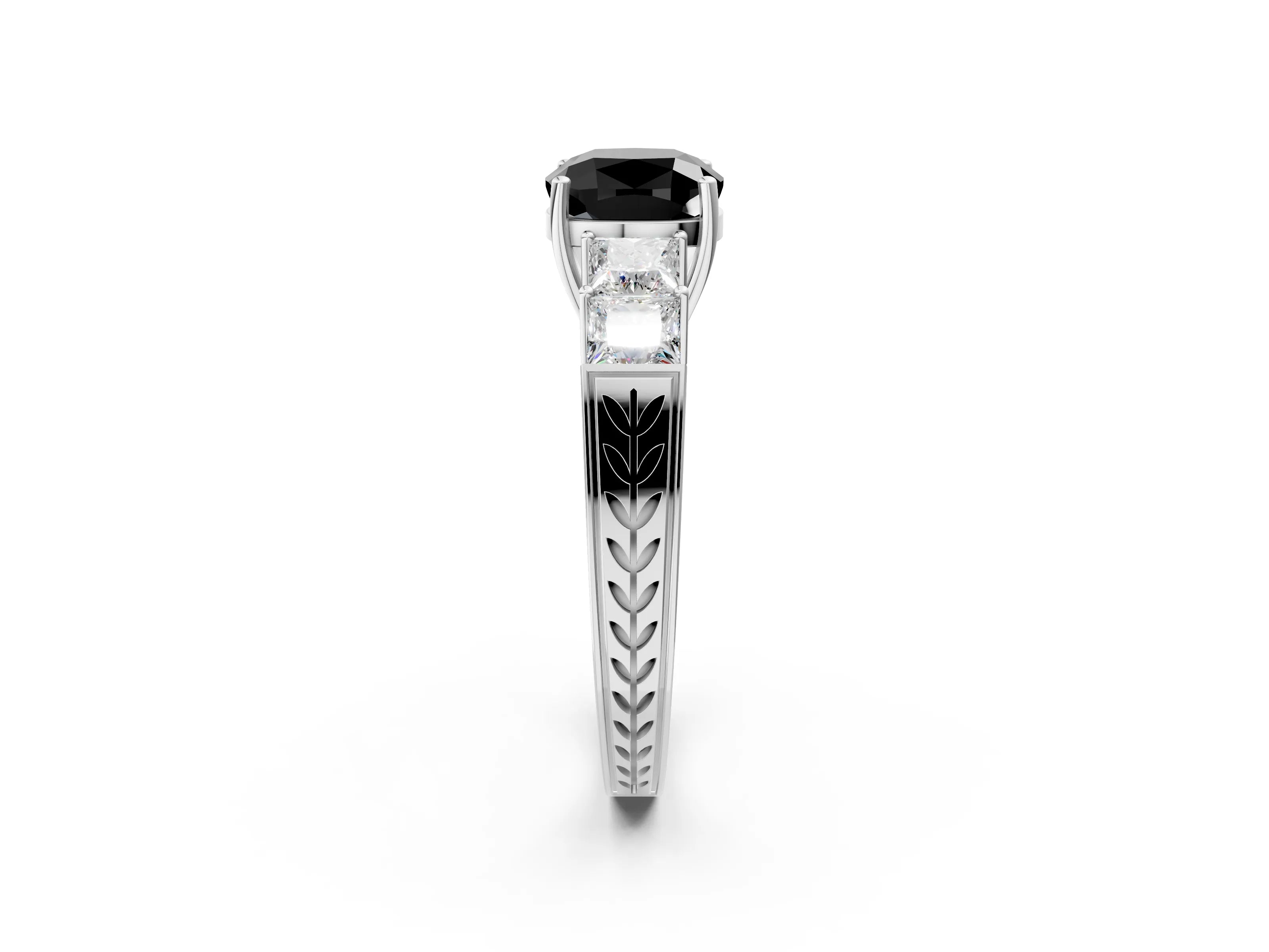 White gold Fancy Black Cushion Cut Solitaire Princess Side Stone Engraved Band Prong Setting Ring_14