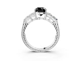 White gold Fancy Black Cushion Cut Solitaire Princess Side Stone Engraved Band Prong Setting Ring_15