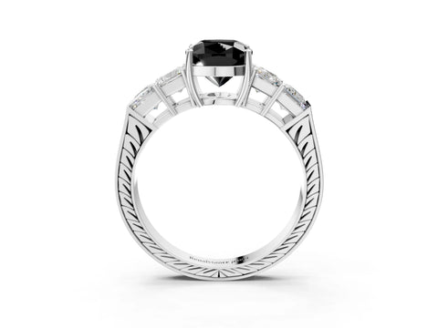 White gold Fancy Black Cushion Cut Solitaire Princess Side Stone Engraved Band Prong Setting Ring_15
