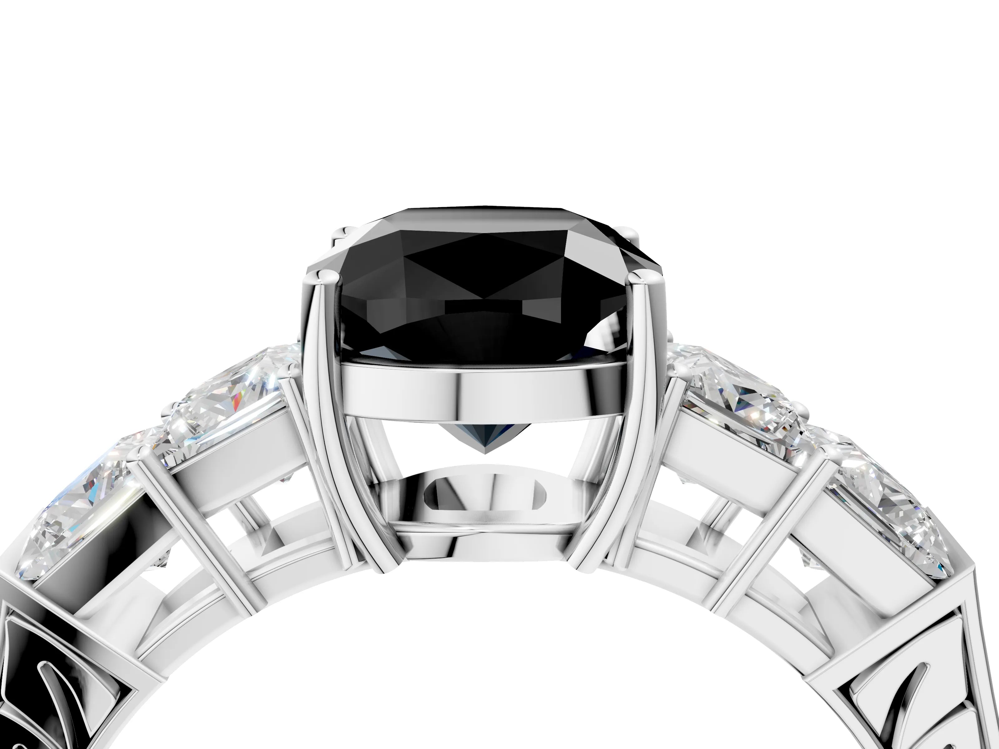 White gold Fancy Black Cushion Cut Solitaire Princess Side Stone Engraved Band Prong Setting Ring_16