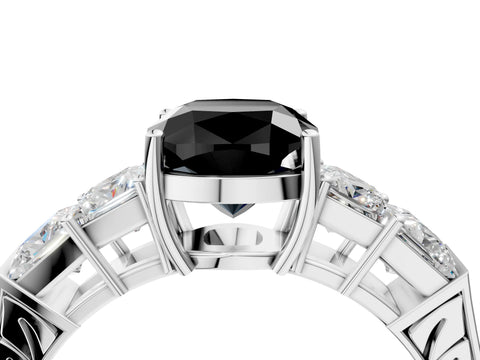 White gold Fancy Black Cushion Cut Solitaire Princess Side Stone Engraved Band Prong Setting Ring_16