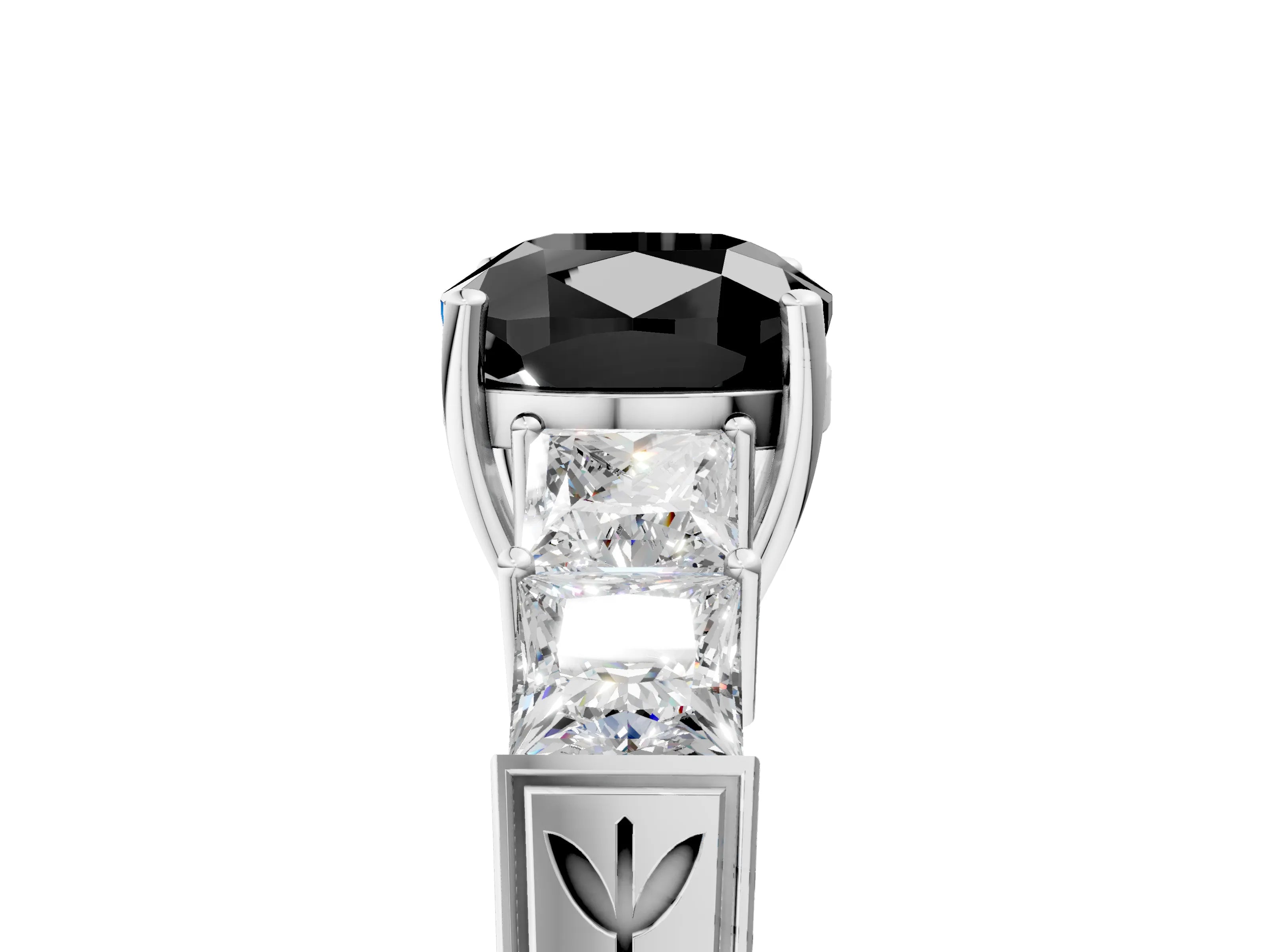 White gold Fancy Black Cushion Cut Solitaire Princess Side Stone Engraved Band Prong Setting Ring_17