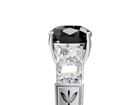 White gold Fancy Black Cushion Cut Solitaire Princess Side Stone Engraved Band Prong Setting Ring_17