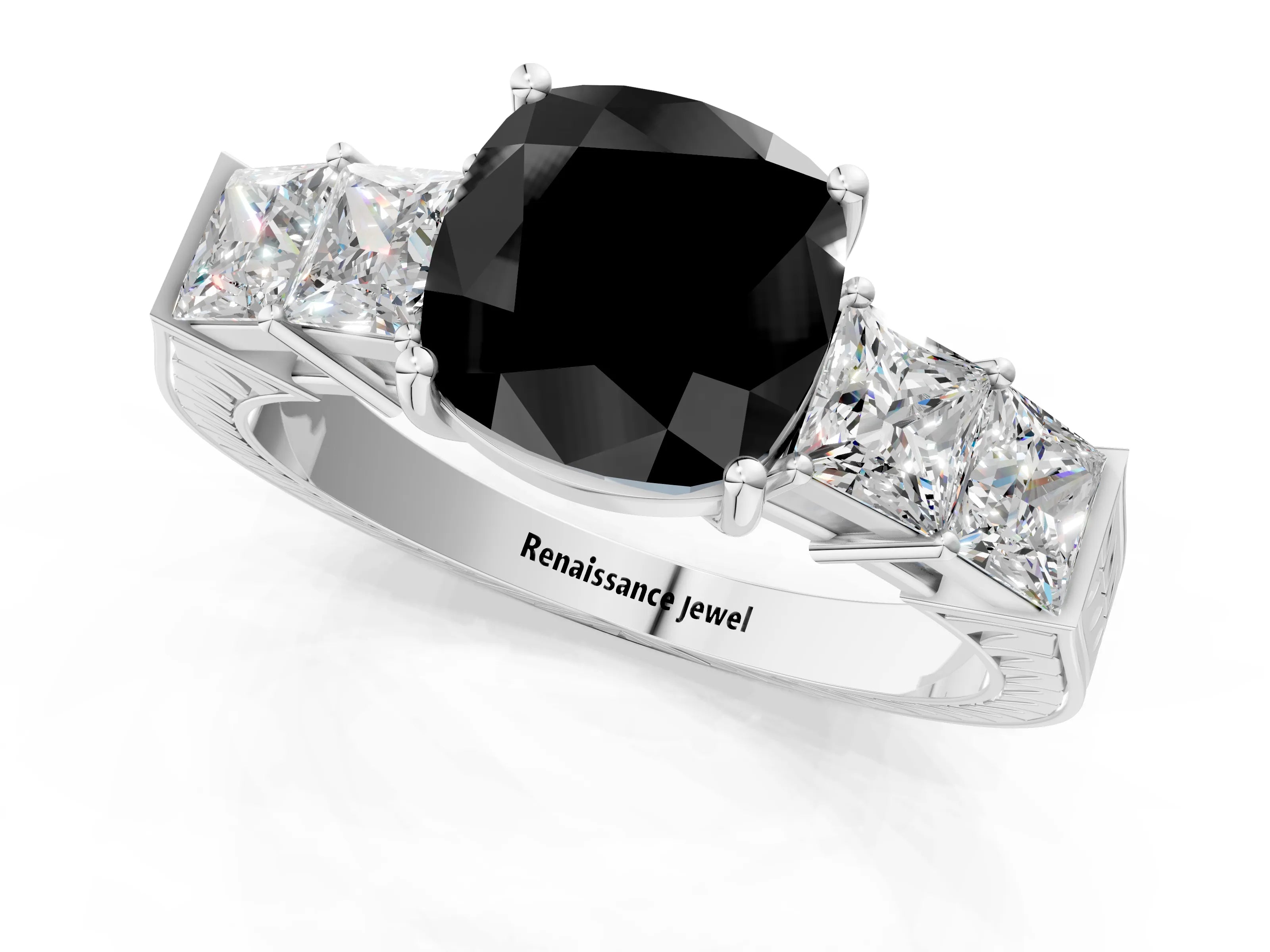 White gold Fancy Black Cushion Cut Solitaire Princess Side Stone Engraved Band Prong Setting Ring_1
