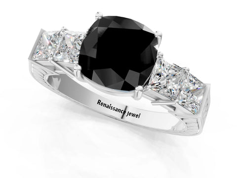 White gold Fancy Black Cushion Cut Solitaire Princess Side Stone Engraved Band Prong Setting Ring_1