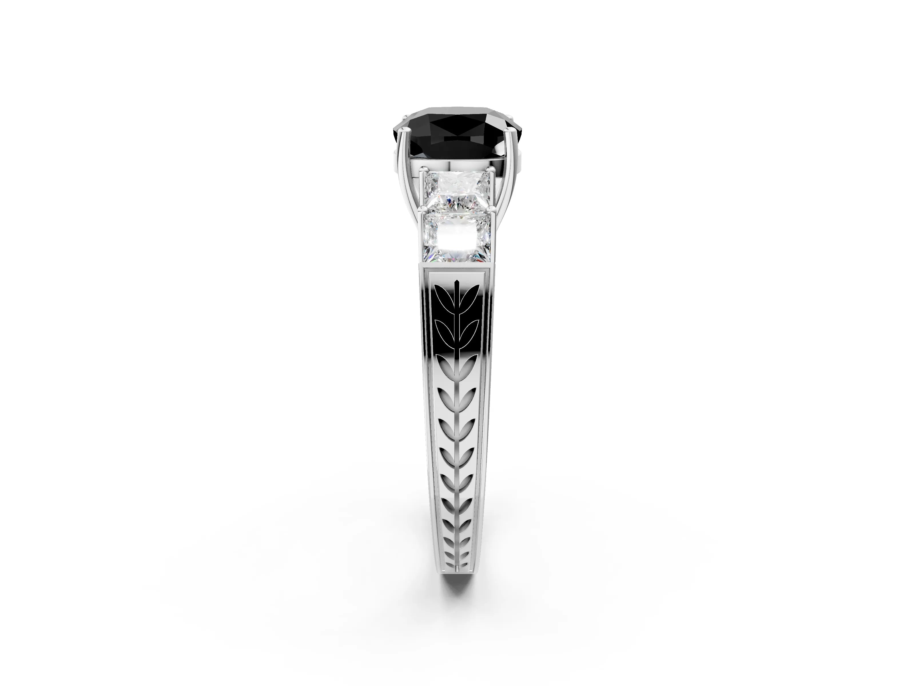 White gold Fancy Black Cushion Cut Solitaire Princess Side Stone Engraved Band Prong Setting Ring_2