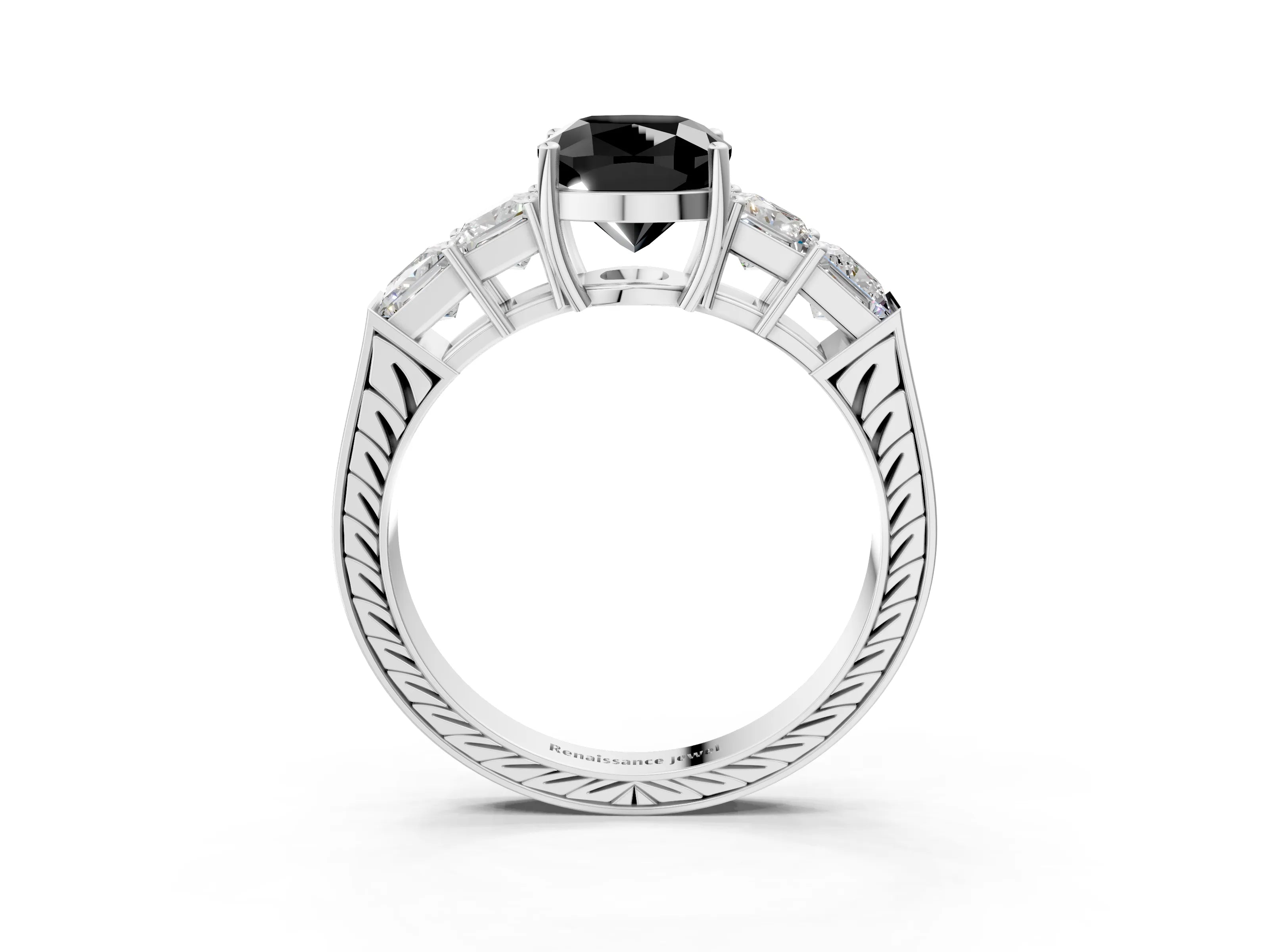 White gold Fancy Black Cushion Cut Solitaire Princess Side Stone Engraved Band Prong Setting Ring_3