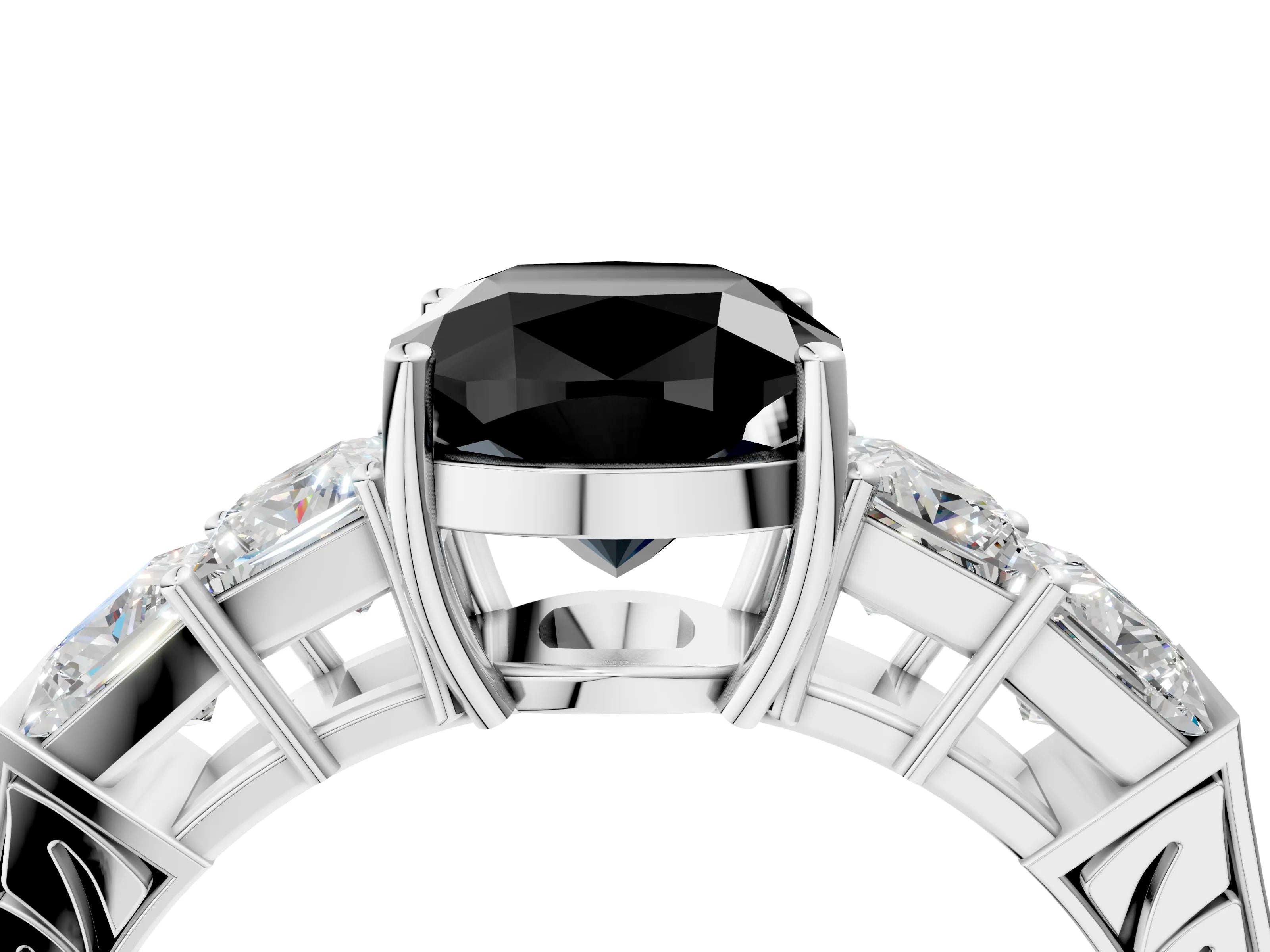 White gold Fancy Black Cushion Cut Solitaire Princess Side Stone Engraved Band Prong Setting Ring_4